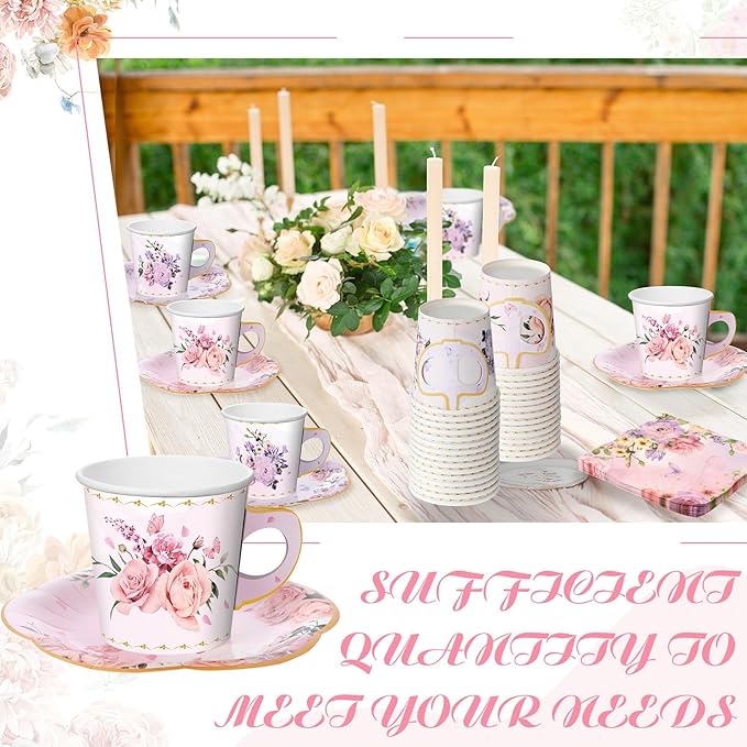 Umigy 60 Sets Tea Party Decorations 6.5 oz Floral Paper Tea Cups with Plates Paper Napkins Disposable Blossom Teacups and Saucers Sets for Girls Kid Birthday Garden Wedding Party Supplies(Graceful)