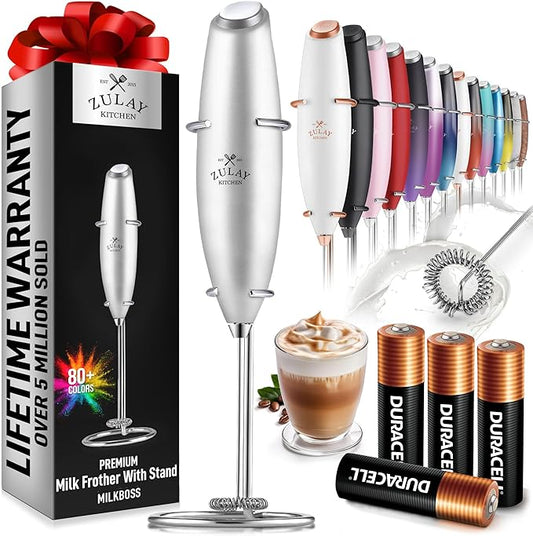 Zulay Kitchen Powerful Milk Frother Wand With 4 AA Duracell Batteries - Ultra Fast Handheld Drink Mixer - Electric Whisk Foam Maker for Coffee, Lattes, Cappuccino, Matcha & Creamer