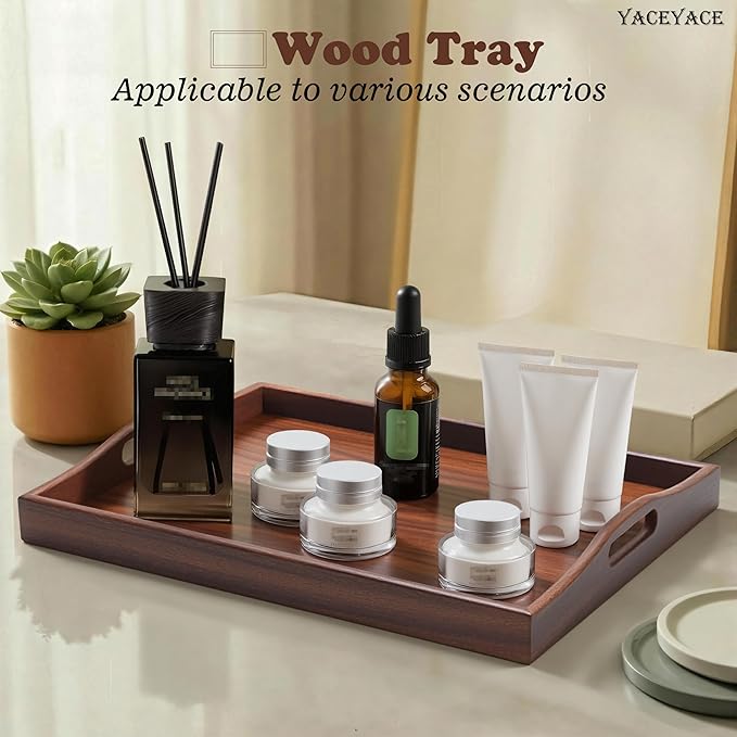 Wood Serving Tray for Ottoman, 15.7"x12"x2" Medium Wodden Serving Tray with Handles for Coffee Table, Wood Trays for Home Decor, Bathroom