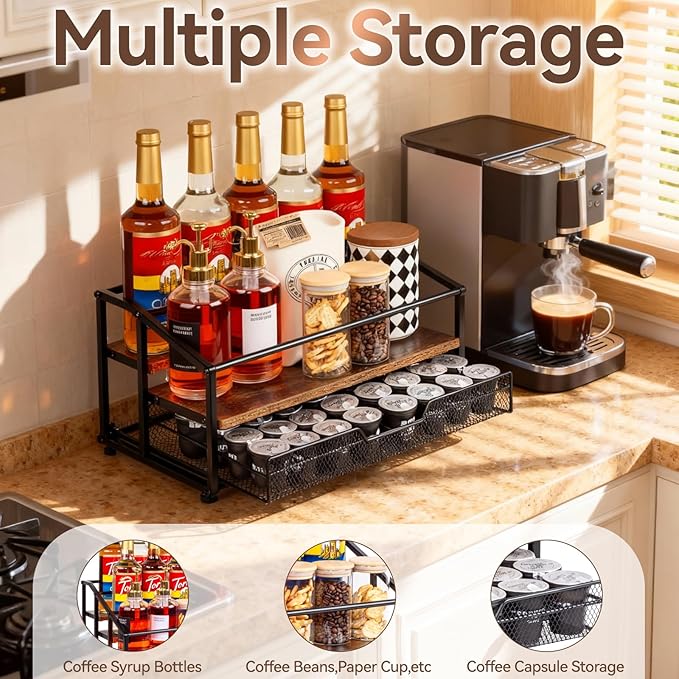 kimilus Coffee Syrup Rack Organizer, 3-Tier 10 Bottle Syrup Rack with 35 K Cup Darwer for Coffee Bar, Countertop Bottle Holder Stand for Dressing for Kitchen Cafe Station