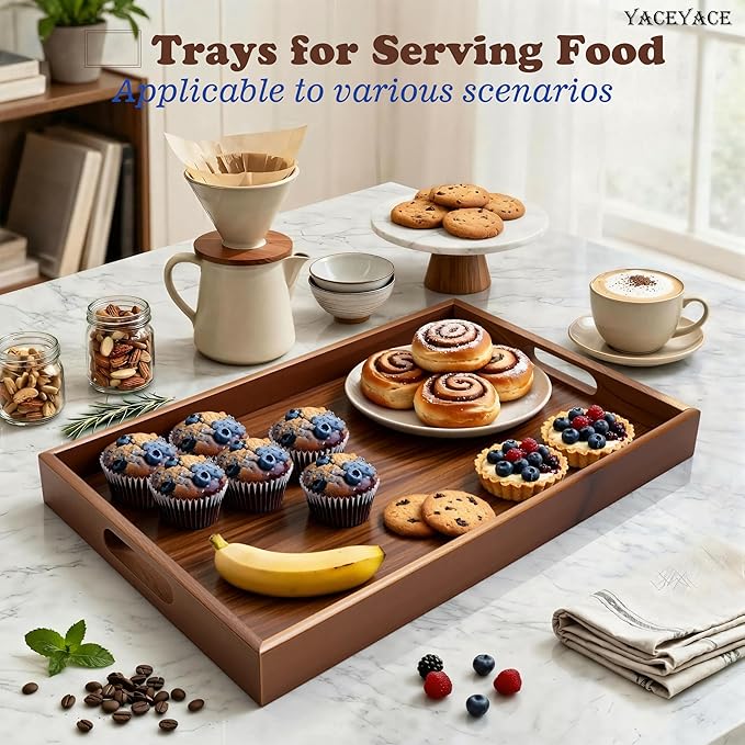 Wood Tray for Decor, 14"x10"x1.5" Wood Serving Trays with Handle, Medium Serving Tray for Ottoman Coffee Table, Home Decor, Party