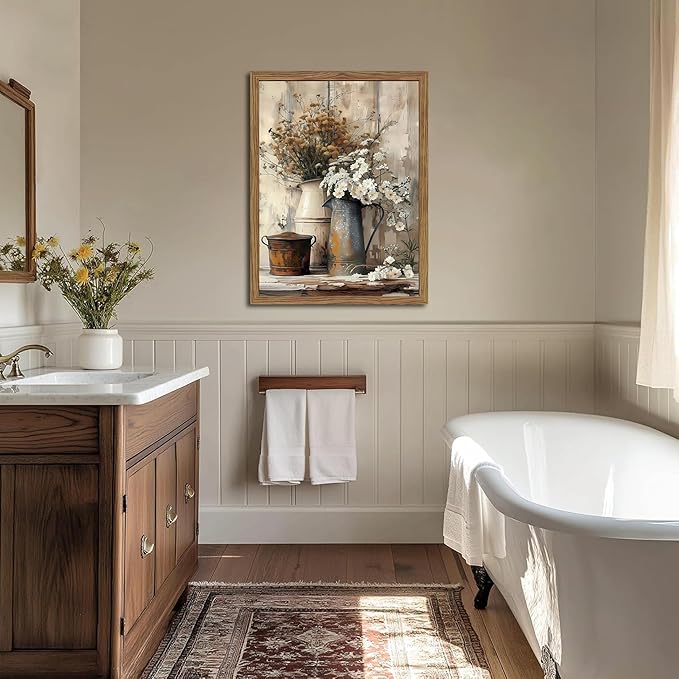 YHCTHT Framed Farmhouse Rustic Daisy Canvas Wall Art – Vintage Country Floral Wall Decor, White Jasmine and Rust Watering Can Prints for Living Room Bedroom Bathroom Decoration – 16x24in