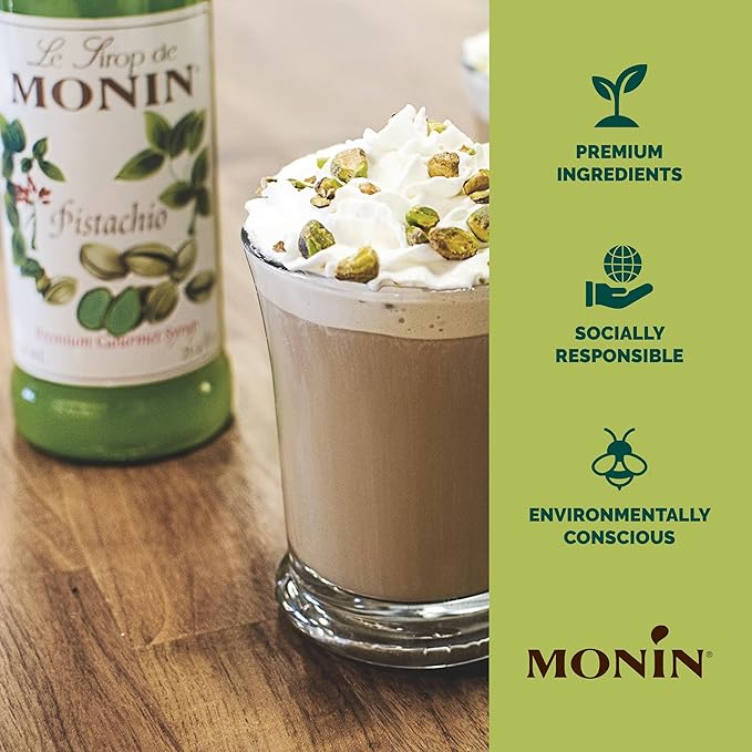 Monin - Pistachio Syrup | Rich & Buttery Sweetness, Premium Syrup for Coffee, Cold Brews & More | Clean Label with No Artificial Flavors, No Artificial Preservatives (BPA Free Bottle, 25.4 fl oz)