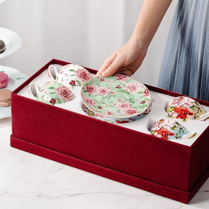 BTaT- Floral Tea Cups and Saucers with Gift Box, 8 oz, Tea Cups Set of 4