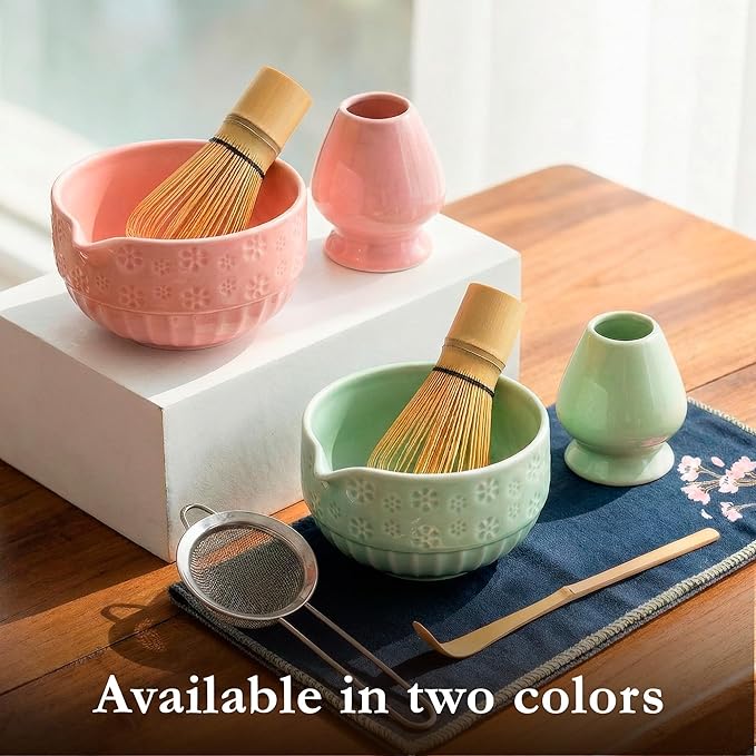 Matcha Whisk Set, Ceramic & Pink Matcha Set with Bowl, Bamboo Whisk, Scoop, Strainer, Scoop Rest, Holder, Cloth + Instruction Handbook – Traditional Japanese Tea Ceremony Kit