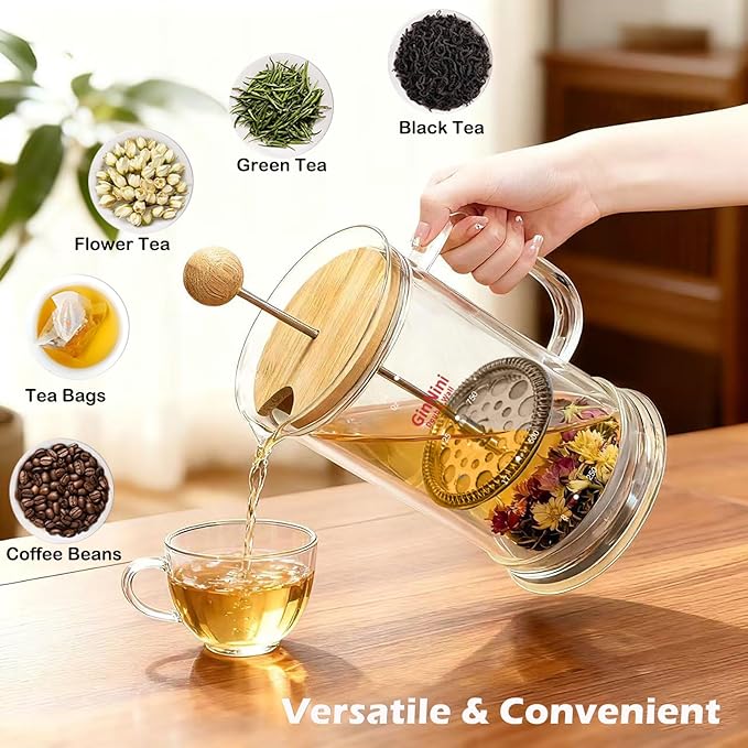 34-Ounce plastic free French Press Coffee Maker, Double Wall Glass coffee press, Stainless Steel Filter and Shaft, Bamboo Knob and Lid, Heat-Resistant tea french press no plastic large tea maker