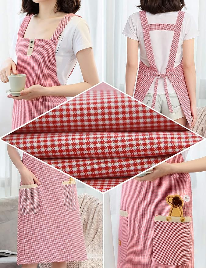 NEWGEM 100% Cotton Cute Gingham Apron with Pockets - Korean Style H-Back Pinafore for Women Baking, Pastry Chef (Pink Doggy) - Image 5