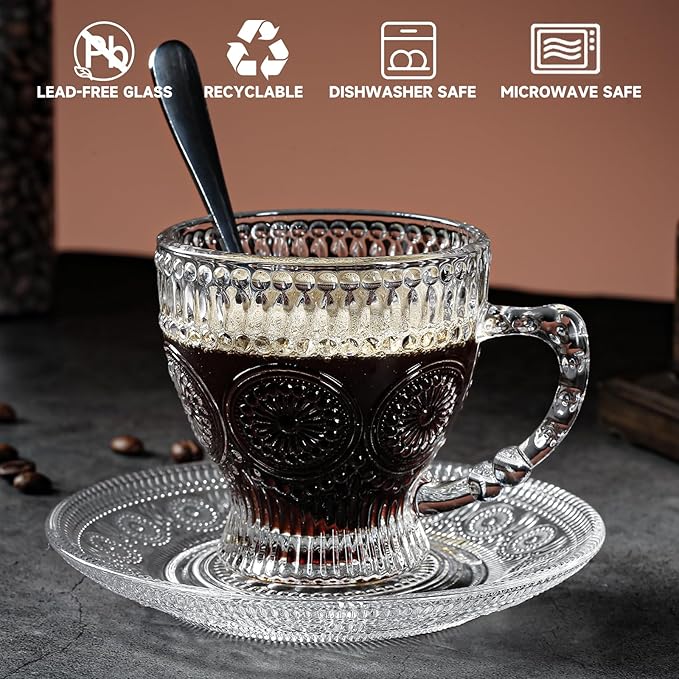 Glass Teacups and Saucers Set of 6, Vintage Coffee Mugs with Stainless Steel Spoon, Dishwasher & Microwave Safe Teacups for Espresso Cappuccino Latte Tea Juice, 7OZ/210ML, Clear
