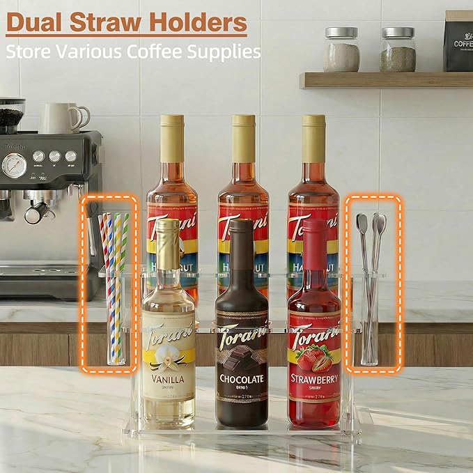 Coffee Syrup Organizer with Straw Holders, 2-Tier Acrylic Syrup Rack (6 Bottles), Anti-Slip Coffee Bar Storage with Side Straw Boxes for Syrups, Wine, Dressings on Kitchen Countertop