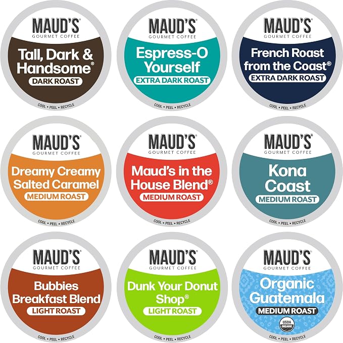Maud's Original Coffee Pods Variety Pack, 80 ct, 9 Assorted Roasts, Dark & Medium Roast Coffee in Single Serve Pods – 100% Arabica Coffee, Compatible with Keurig K Cups Maker by MAUDSCOFFEETEA