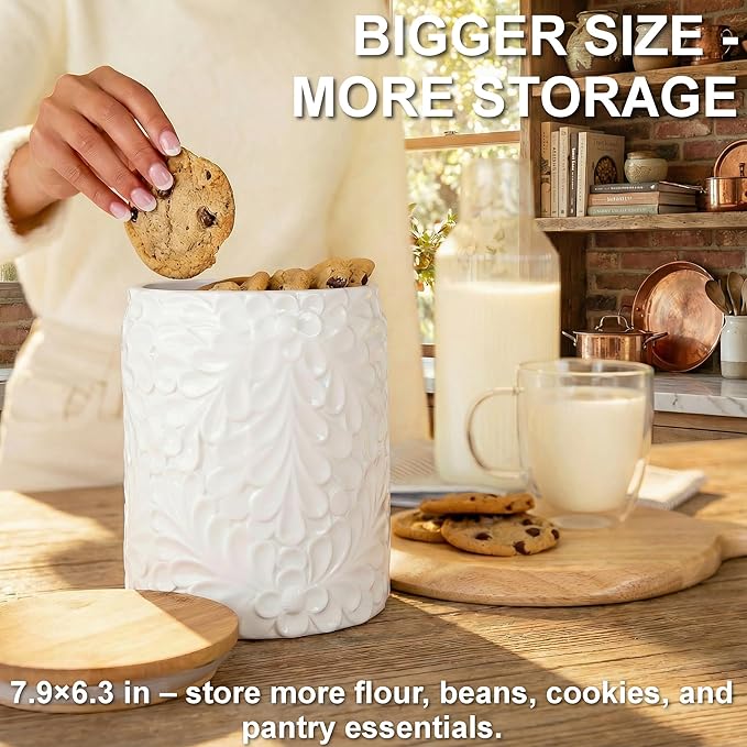 XXL 94 Oz Engraved Ceramic Kitchen Canister - Storage Jars with Airtight Lids Made from Bamboo with Nature-Inspired Engraving - Use as a Pasta Holder, Coffee Ground Holder, Rice Container, Candy Jar
