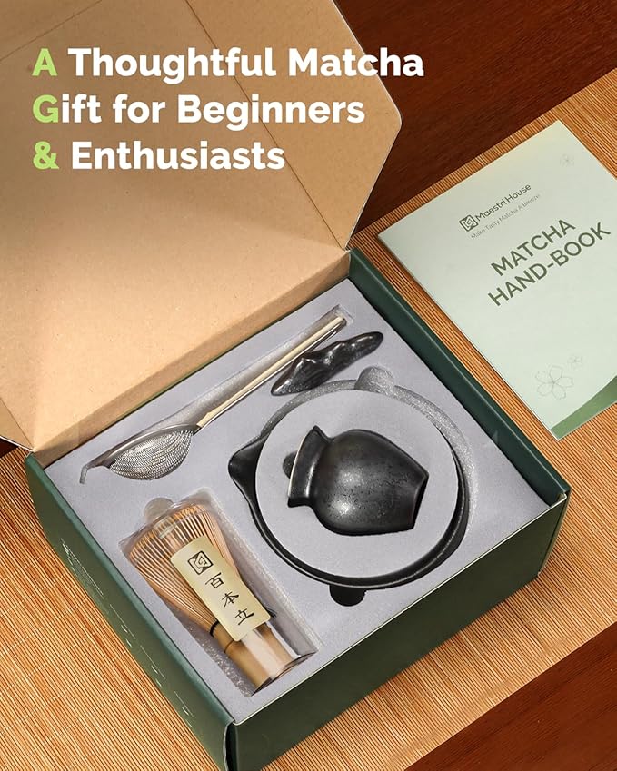 Maestri House Matcha Whisk Set, 7-Pc Complete Matcha Kit with Spouted Ceramic Bowl, Bamboo Whisk and Holder, Scoop, Spoon Rest & Sifter, Tea Cloth – Ideal Gift for Matcha Lovers (Black Stone)