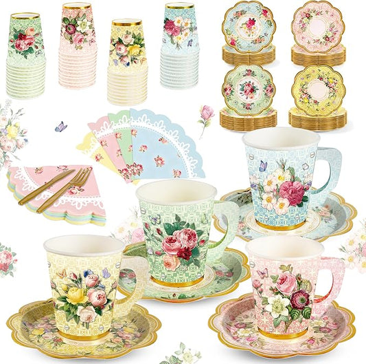 280PCS Spring Tea Party Decorations, Floral Paper Tea Cups & Saucer Set, Disposable Floral Cups With Handle Napkins Plates Knives Forks for Girls Kids Afternoon Tea Birthday, Wedding Party Supplies