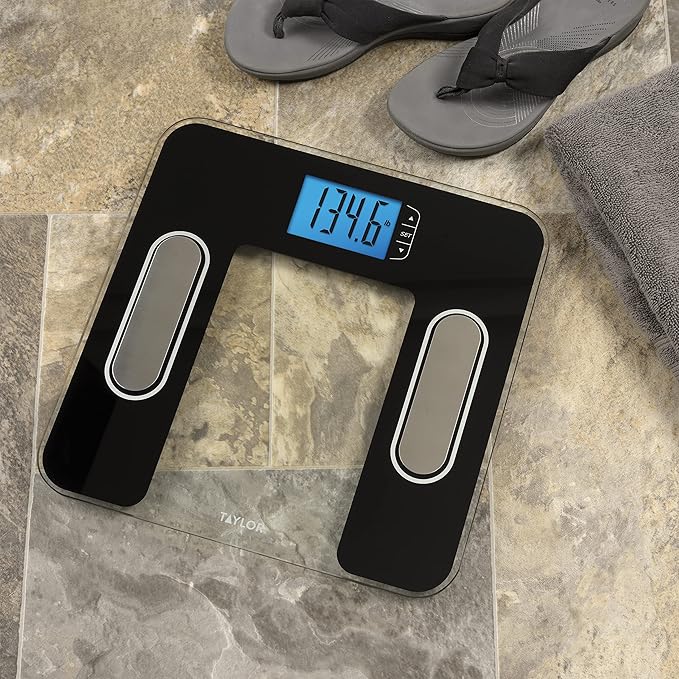 Taylor Digital Glass Body Composition Scale, Bathroom Scale for Body Weight, Measures Body Fat, Body Water, Muscle Mass and BMI, 10-User Recognition, FSA HSA Eligible, 400 lb Capacity, White and Black