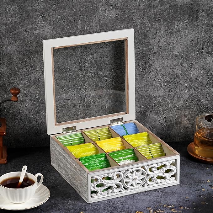 Tea Bag Organizer Wooden Tea Box for Tea Bags, Tea Organizer 9 Compartments Tea Chest Storage Box with Clear Lid, Tea Bag Holder Tea Caddy for Tea Coffee Sugar, Home Kitchen Office, White