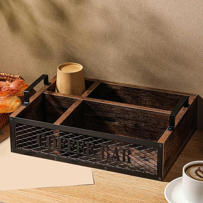 Yalikop Coffee Station Organizer for Countertop, All in One No Assembly Wood Coffee Creamer Bar Holder with Iron Mesh, Office Tea Bar Accessories Gift for New Home Birthday(Brown,Natural) - Image 3