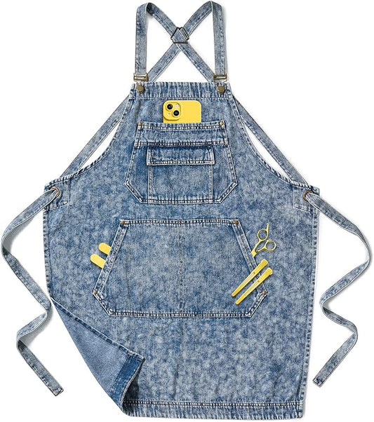 Denim Apron with Pockets for Hair Stylist Gardening Craftsmen Barista Women Hairdresser Jean Work Apron Cross Straps