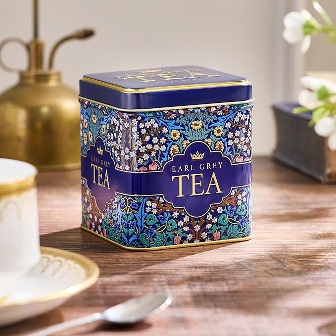 New English Teas Victorian Garden Tea Tin with 32 English Breakfast Teabags – Tapestry Inspired Tin with Decorative Pink Florals (Earl Grey)