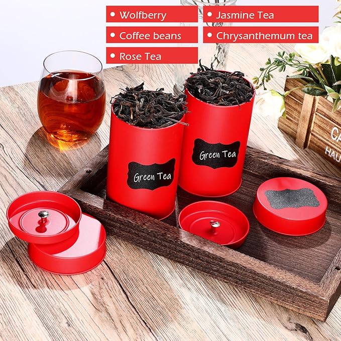 Tanlade 3 Pcs Tea Tin Canister Metal Round Can with Airtight Lid Double Sealed Tea Tin Canisters, with 1 Erasable Chalk Marker and 16 Stickers for Loose Leaf Coffee Sugar, 14 oz