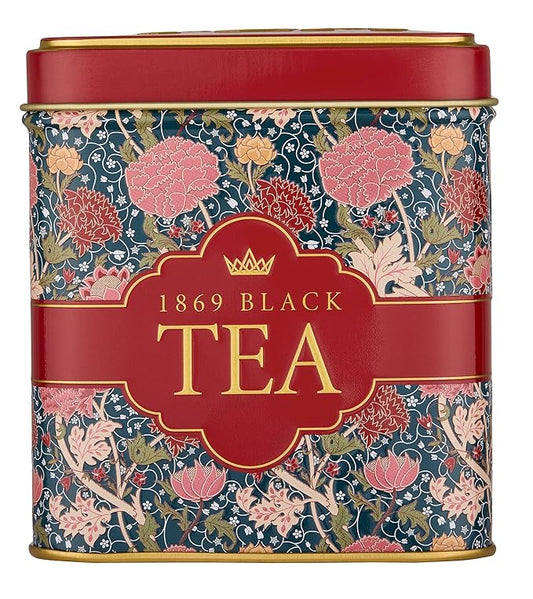 New English Teas Victorian Garden Tea Tin with 32 English Breakfast Teabags – Tapestry Inspired Tin with Decorative Pink Florals (1869 Blend)