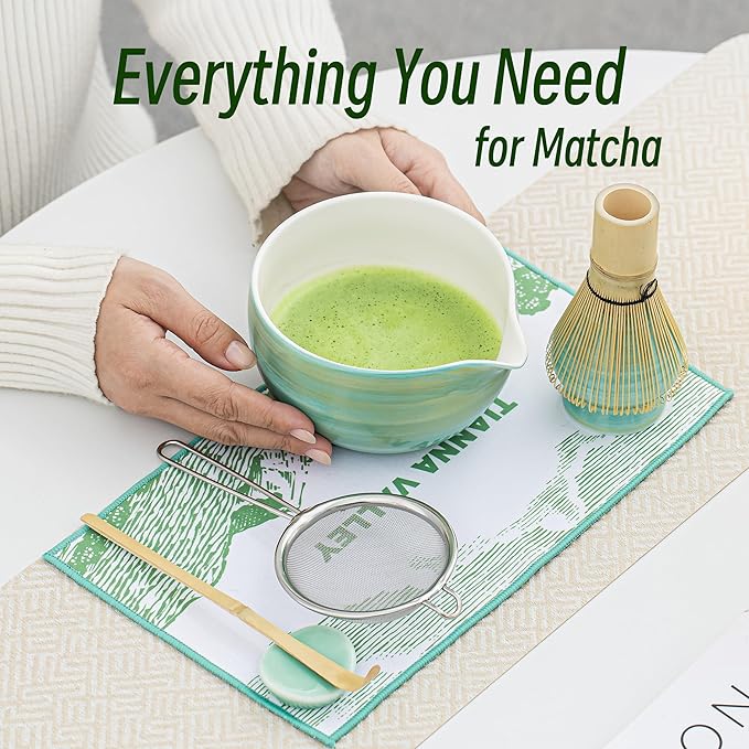 Matcha Whisk Set,7 Pcs Matcha Set Light Green,Matcha Kit for Ceremony,480Ml Ceramic Bowl(chawan) with Spout,Bamboo Whisk and Holder,Tradition Tea Set,Unique Gift