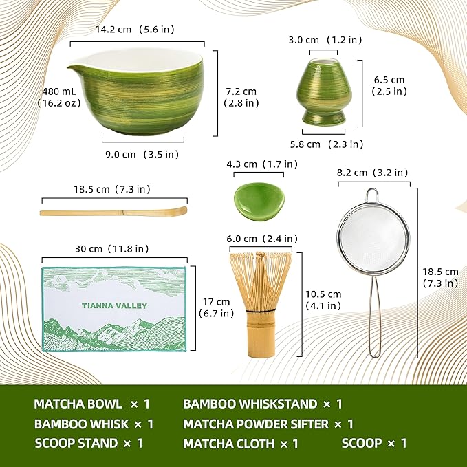 Matcha Whisk Set, 7 Pcs Green Ceramic and Bamboo Tea Ceremony Kit with 480 ML Bowl, Whisk Holder, Scoop, Sifter, Unique Gift Set,Tradition Matcha Tea Set
