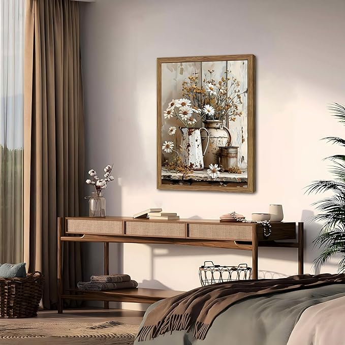 Country Wall Art, Farmhouse Pictures Wall Decor, Rustic Daisy Canvas Prints, Rusty Watering Can Art Paintings, Vintage Floral Artwork for Living Room Hallway Kitchen Bathroom Decor, Framed 16x24 In