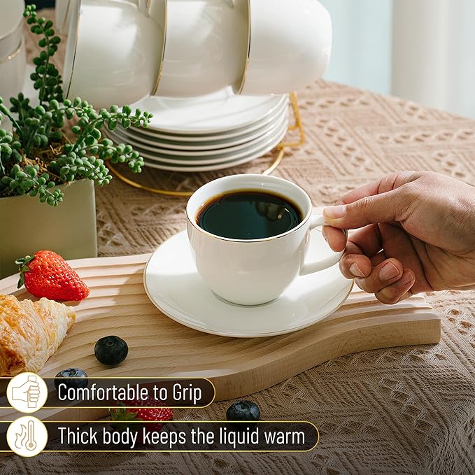 BTaT- Cappuccino Cups with Saucers 8 oz, Set of 12, White Porcelain Coffee Cup and Saucer Set for Latte with Golden Trim Design, Dishwasher Safe, Mocha, Tea, Au Lait, Flat White