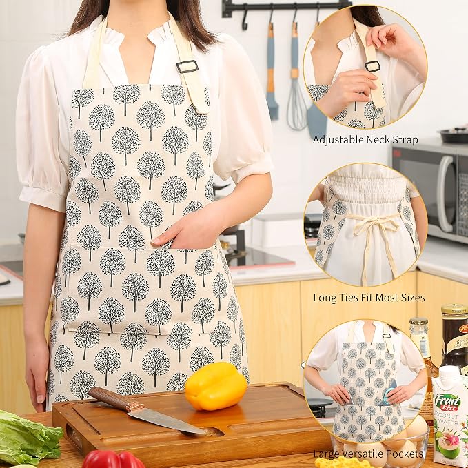 Tosewever 2 Pieces Cotton Linen Waterproof Bib Apron with 2 Pockets - Long Ties Adjustable Neck Strap - Unisex Cooking Kitchen Decorative Pattern Aprons for Women Chef (Triangle/Tree, 2) - Image 6