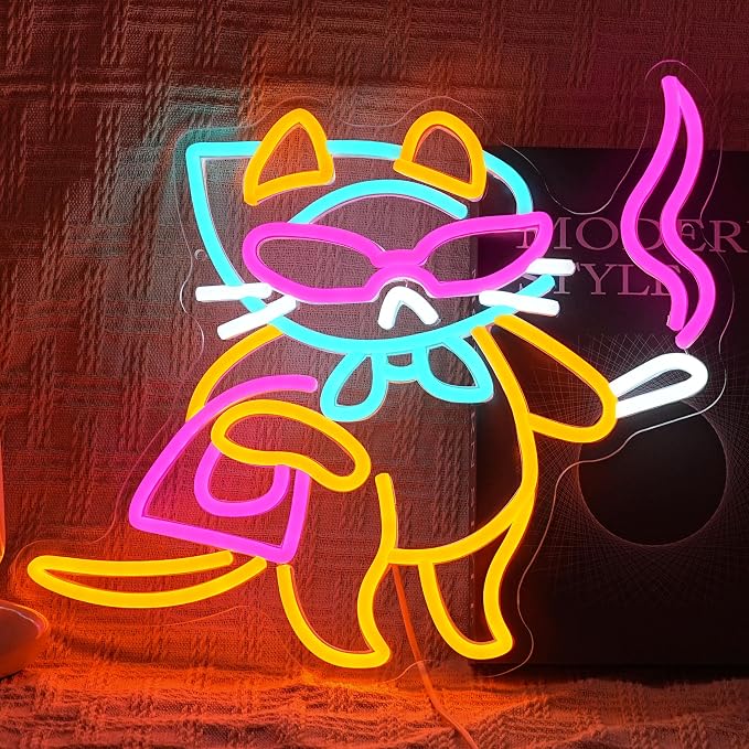 Lady Cat Neon Sign USB Powered Cool Glasses Cat LED Light Sign for Wall Decor Dimmable Fashion Kitty Neon Light for Bedroom Living Room Man Cave Bar Party Fashion Store Pet Shop by BNEMCEZHLEDNEONSIGN