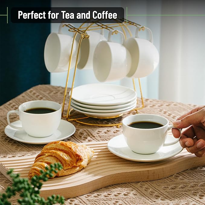 BTaT- Cappuccino Cups with Saucers 7 oz, Set of 6, White Porcelain Coffee Cup and Saucer Set for Latte, Mocha, Tea, Au Lait, Flat White, Dishwasher, Microwave, Freezer and Oven Safe