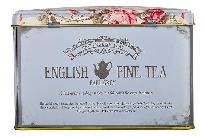 New English Teas Vintage Floral Tea Tin with 40 Earl Grey Teabags with Bergamot Flavouring