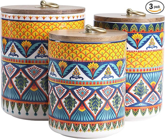 Bico Havana Ceramic Canister Set of 3 for Kitchen Counter, 62oz, 40oz, 32oz each, with Wooden Air Tight Lid, Food Storage Jar for storing Coffee, Tea, Spice, Dishwasher Safe