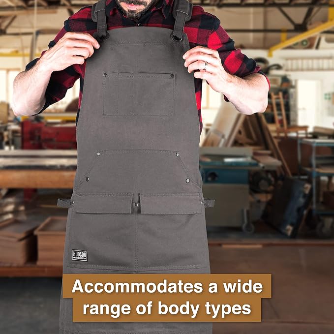 Hudson Durable Goods Woodworking Edition Waxed Canvas Tool Apron for Men and Women, Heavy Duty Work Apron with Front Pockets, Adjustable Padded Straps, Quick Release Buckle, Crossback - One Size, Grey - Image 5