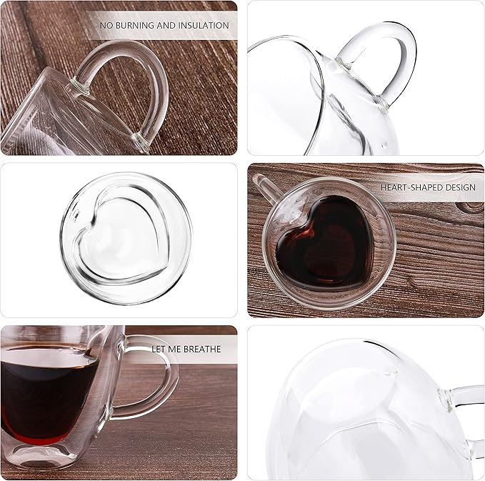 CNGLASS Double Wall Heart Shaped Glass Coffee Mugs 5oz(Set of 2),Insulated Clear Tea Cups with Handle,Unique Glass Espresso Mugs for Coffee,Cappuccino,Latte,Milk