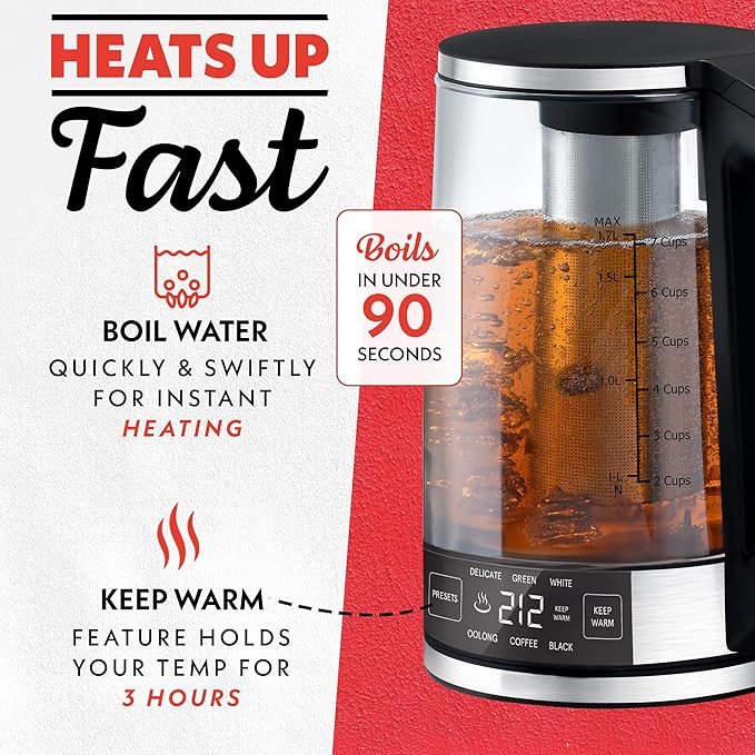 Gourmia Programmable Digital Glass Kettle – 1.7L Adjustable Temperature Electric Kettle with 6 Presets, Keep Warm, Stainless Steel Tea Infuser, 360° Swivel Base, Black