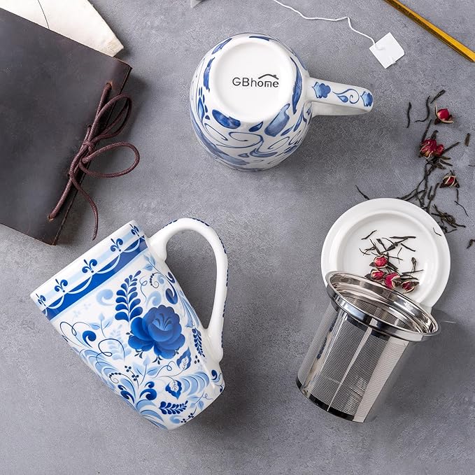 GBhome Tea Mug with Infuser and Lid, 18 Ounce Large Ceramic Loose Leaf Tea Cup, Microwave, Dishwasher Safe Tea Steeping Mug, Pefect Gift For Tea Lover.