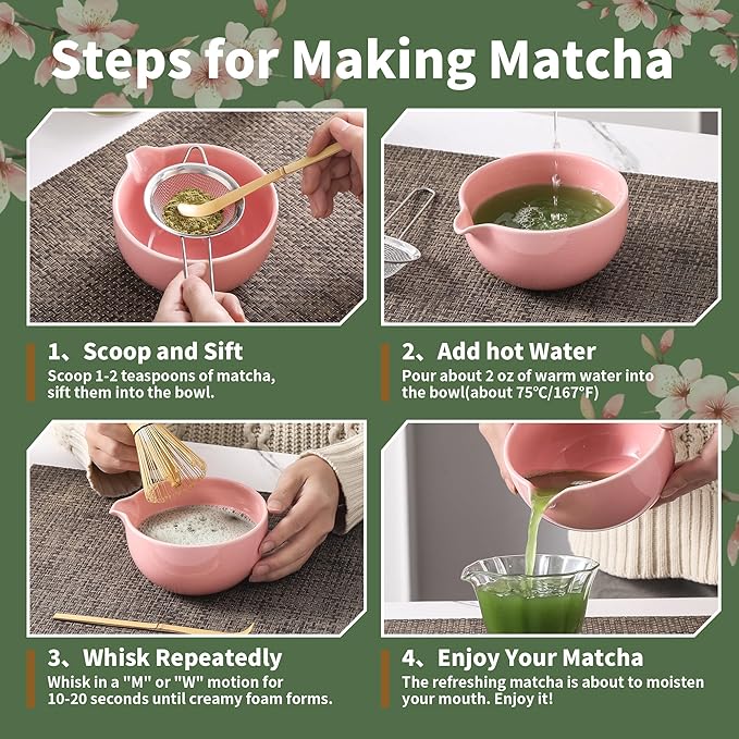 Matcha Whisk Set 5 Pcs, Matcha Kit Set Includes Matcha Bowl, Matcha Whisk and Holder, Bamboo Scoop and Sifter, Ceramic Matcha Set, Matcha Tea Set, Ideal Gift for Family/Friend (Pink)