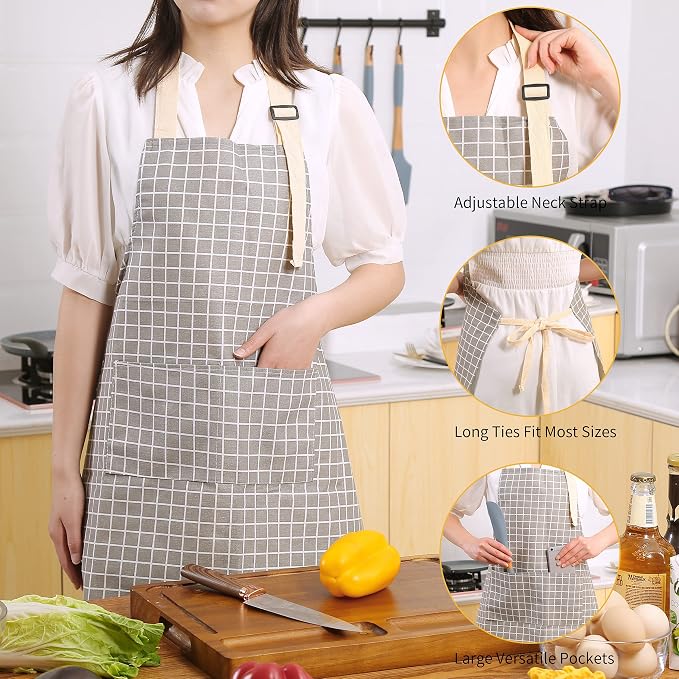 Tosewever 2 Pieces Kitchen Cooking Aprons, Waterproof Linen Adjustable Bib Aprons with 2 Pockets for Women Men Chef (Grey Stripes/Plaids, 2) - Image 6