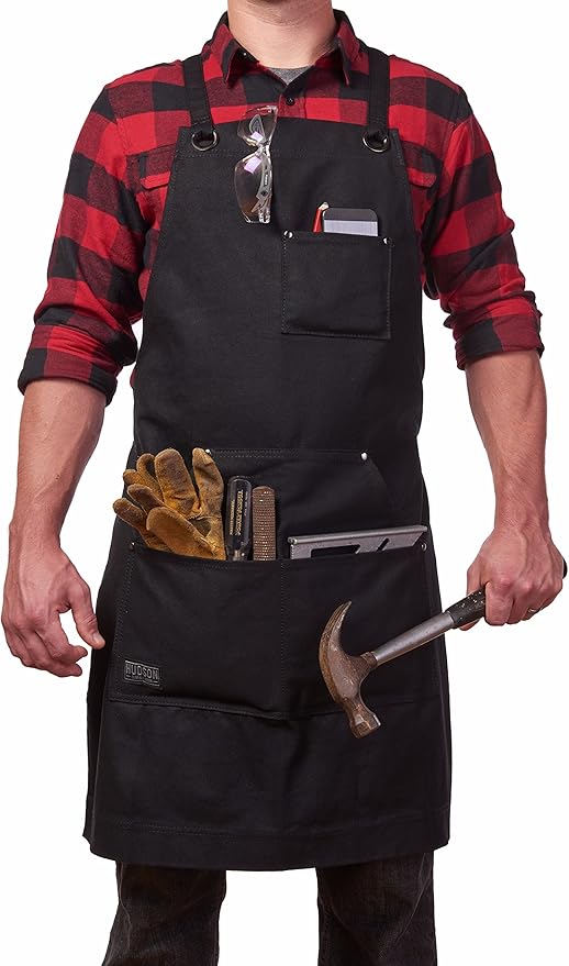 Hudson Durable Goods Heavy Duty Waxed Canvas Apron for Men and Women, Adjustable Crossback Work Apron with Tool Pockets, Water-Resistant - Fits up to XXL, Black by HudsonDurableGoods
