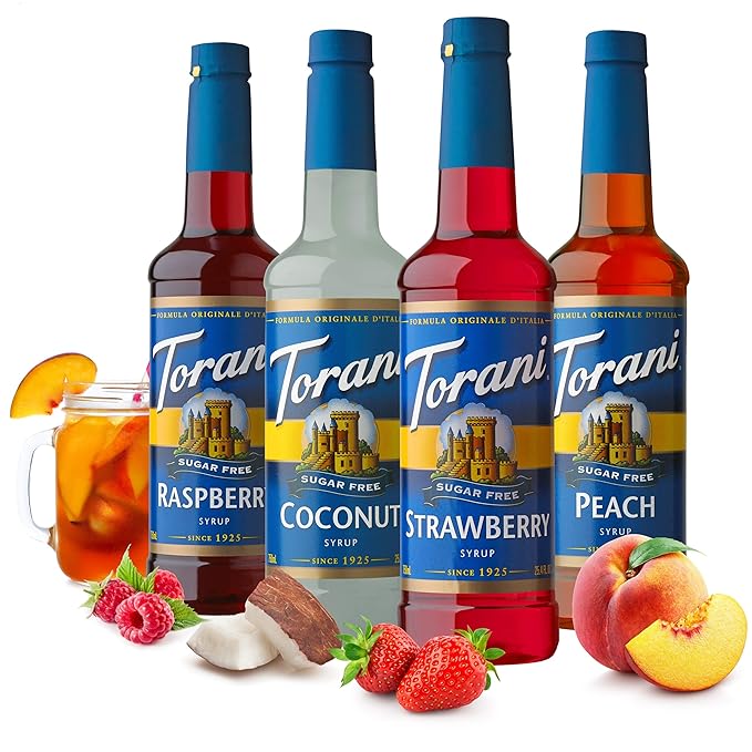 Torani Sugar Free Flavored Drink Syrup Soda Flavors Variety Pack, Raspberry, Coconut, Strawberry & Peach, 25.4 fl oz, (Set of 4)