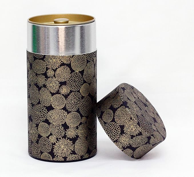 Washi Paper Tea Tin Canister: Long 7oz (200g) Golden Fireworks (#69), Japan
