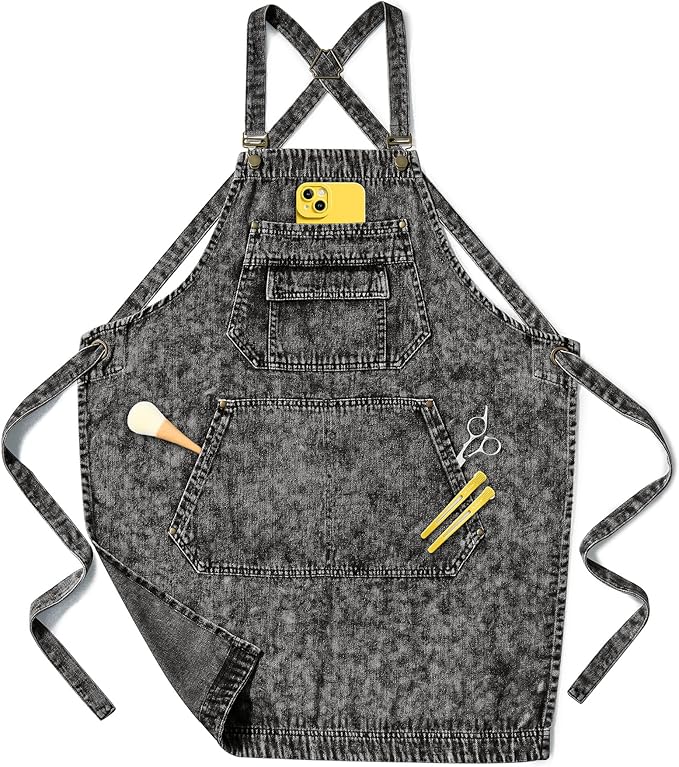 Denim Apron with Pockets for Hair Stylist Gardening Craftsmen Barista Women Hairdresser Jean Work Apron Cross Straps