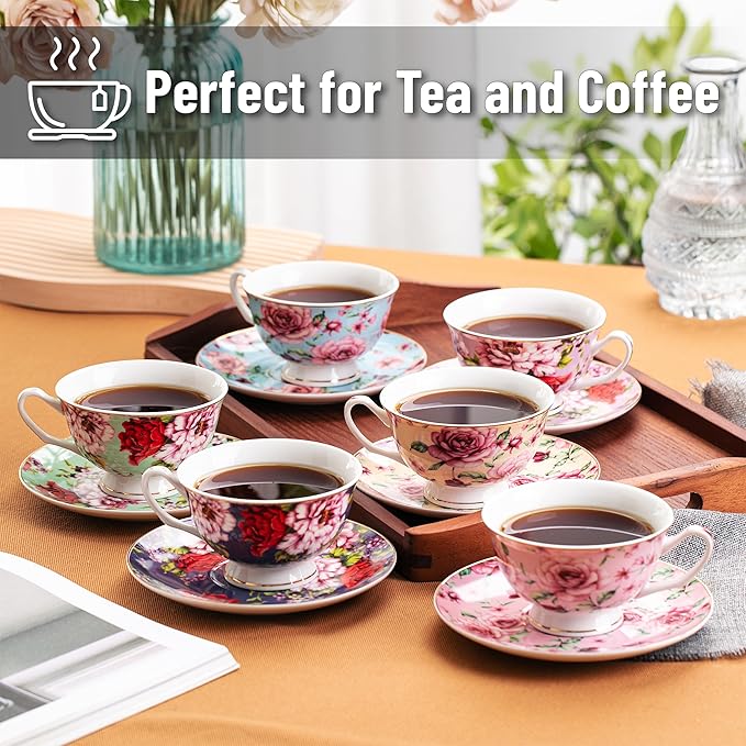 BTaT- Floral Tea Cups and Saucers with Gift Box, 8oz, Tea Cups Set of 6, Cup & Saucer Sets, Christmas Gifts