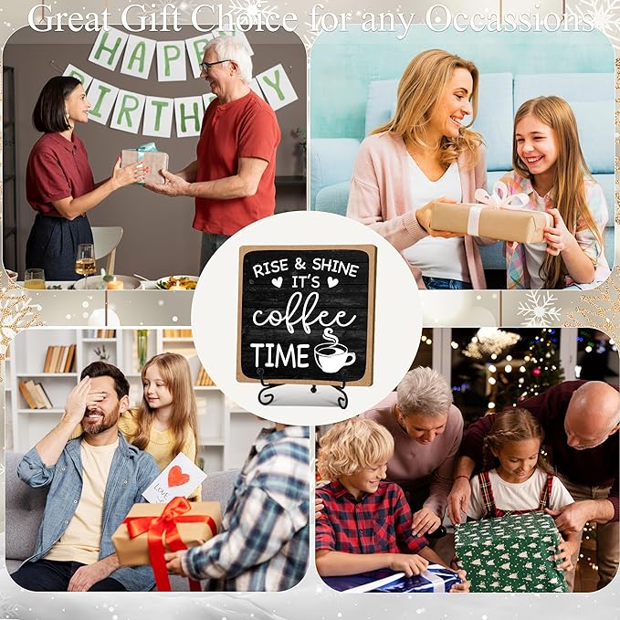 Farmhouse Coffee Bar Sign, Rise & Shine It's Coffee Time, 5"x5" Wood Plaque with Stand Gift for Home Kitchen Tabletop Decor -B09