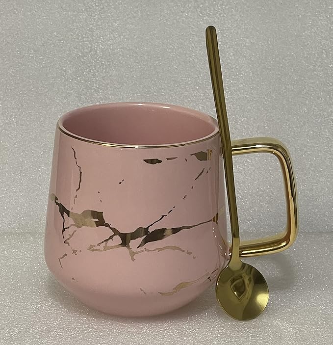 YBK Tech Porcelain Tea Cup Coffee Mug Set for Afternoon Tea - Marble Pattern (Pink, Tall 400ml + wood lid)
