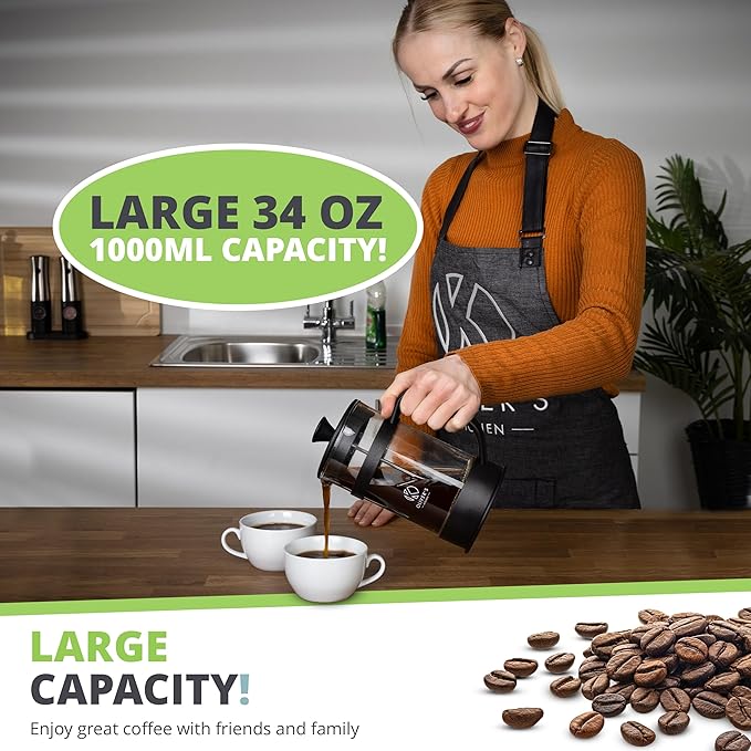 Oliver's Kitchen ® 1 Liter French Press Coffee Maker - A Cafetiere Designed Exclusively for Coffee Lovers - Enjoy Pure Authentic Coffee At Home - Stylish Design with Heat Resistant Thickened Glass