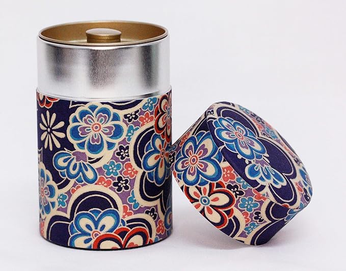Washi Paper Tea Tin Canister: Long 3.5oz (100g) Blue Plum-Blossoms Kimono (#112), Japan