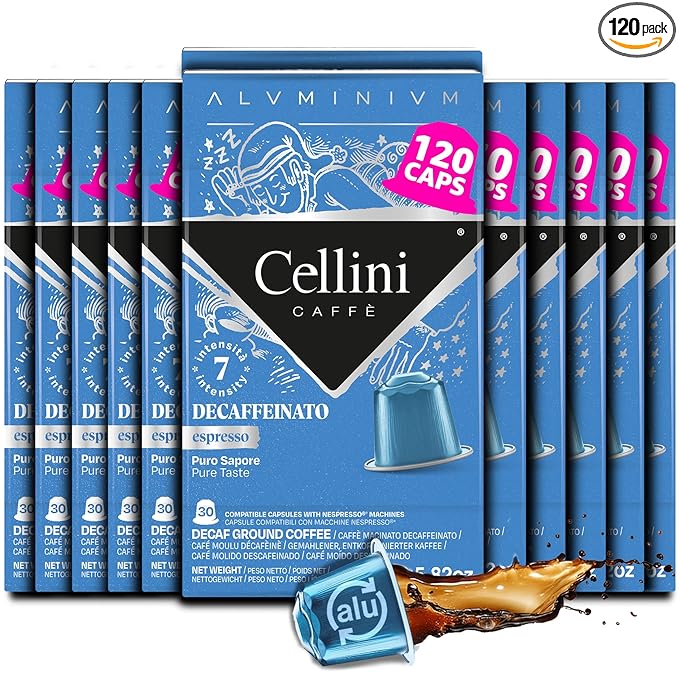 Cellini Caffè Decaffeinato Aluminum Nespresso Pods, 120 Count, Medium Roast Coffee Capsules, 100% Nespresso Original Machine Compatible