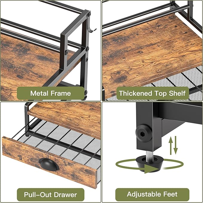 Coffee Syrup Rack Organizer, 3 Tier Countertop Storage Shelves with 35 K Cup Drawer, 8 Syrup Bottle Stand Holder for Wine, Kitchen Coffee Station Organizer Rack, Rustic Brown